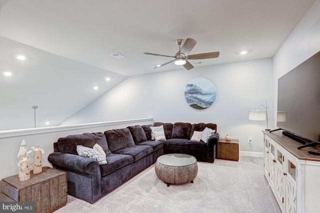 carpeted living room featuring lofted ceiling and ceiling fan