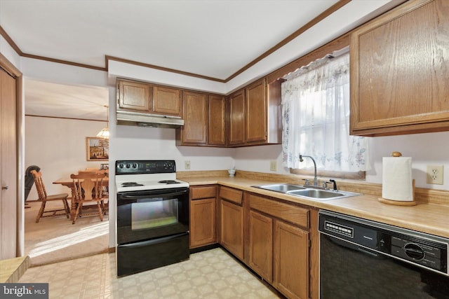 kitchen with ornamental molding, black appliances, and sink