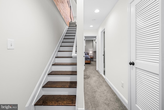 stairway featuring carpet flooring