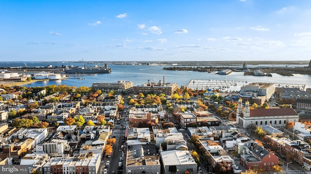 drone / aerial view with a water view