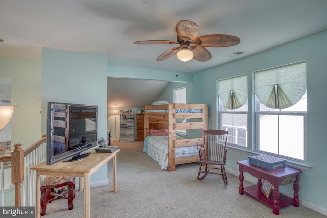 bedroom featuring light carpet, ceiling fan, and lofted ceiling