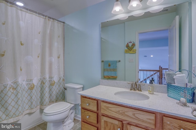 full bathroom with tile patterned flooring, vanity, toilet, and shower / bathtub combination with curtain