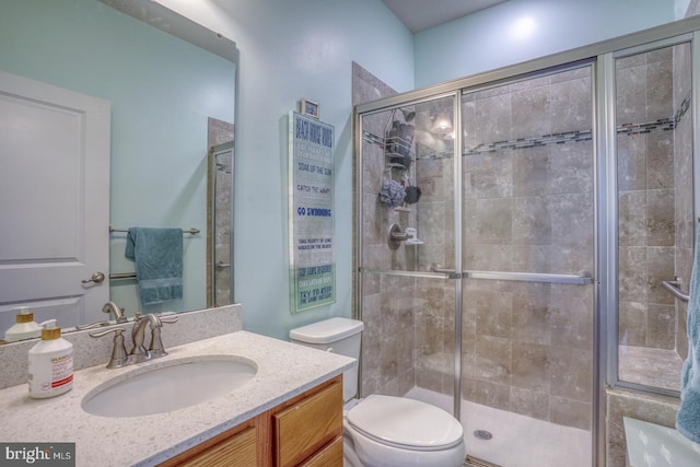 bathroom with vanity, toilet, and an enclosed shower