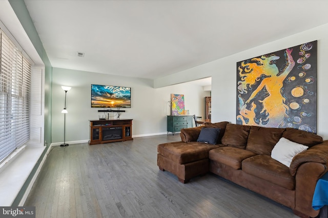 living room featuring dark hardwood / wood-style floors