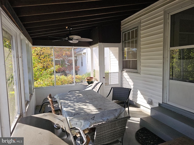 exterior space featuring ceiling fan