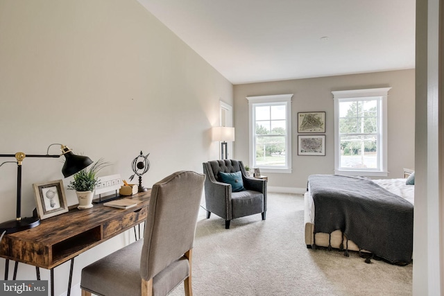bedroom with baseboards and light carpet