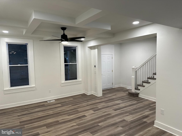 interior space featuring dark hardwood / wood-style flooring and ceiling fan