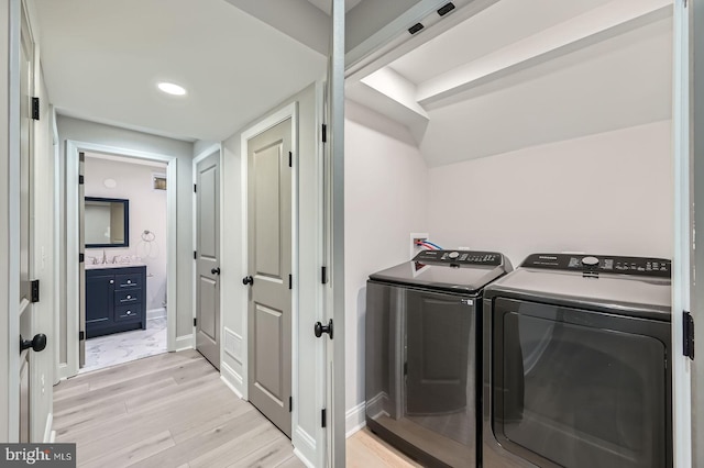 unfurnished room featuring recessed lighting, baseboards, and light wood-style floors
