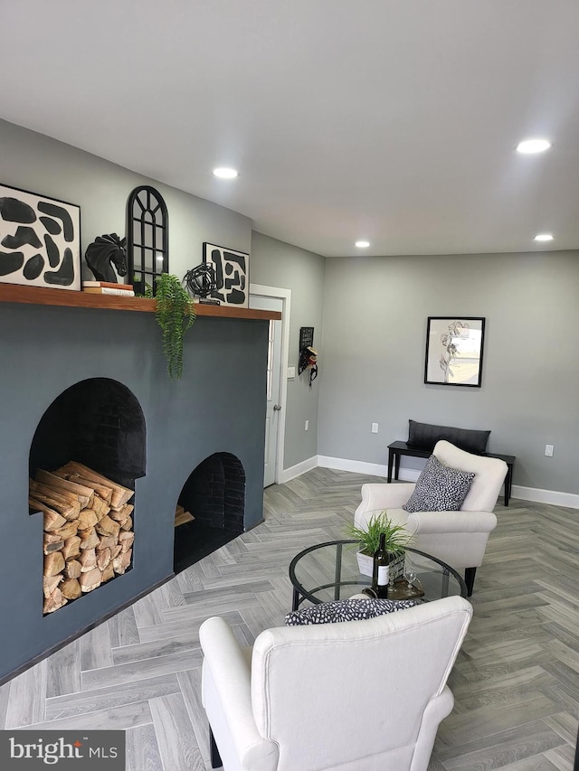 living room with parquet floors