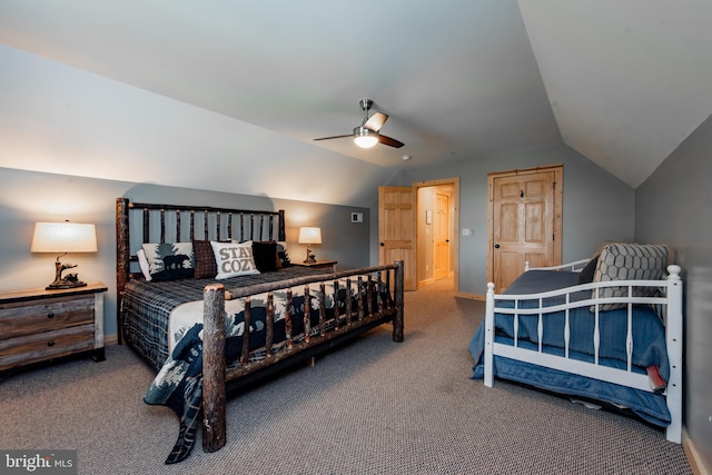 carpeted bedroom featuring lofted ceiling and ceiling fan