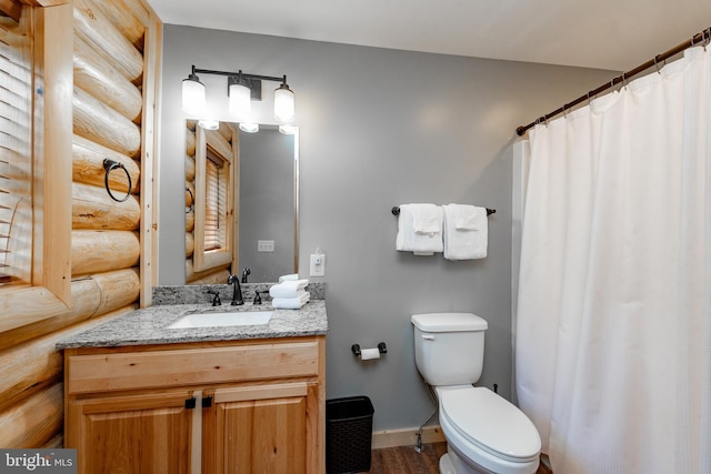 bathroom with vanity, toilet, and wood-type flooring