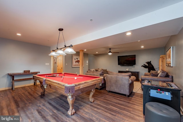 recreation room featuring dark wood-type flooring, ceiling fan, and pool table