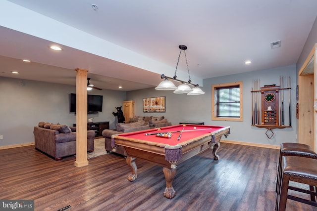 playroom with pool table, dark hardwood / wood-style floors, and ceiling fan