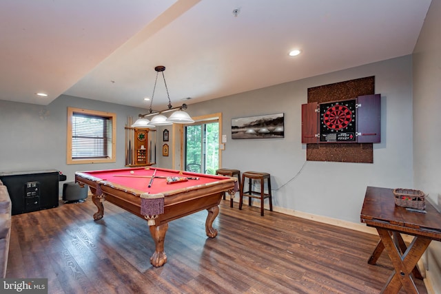 recreation room with dark hardwood / wood-style floors and billiards