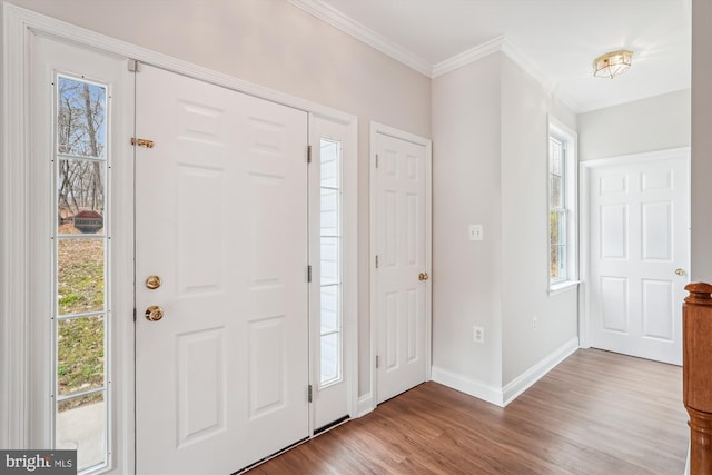 entrance foyer featuring wood-type flooring, crown molding, and a healthy amount of sunlight