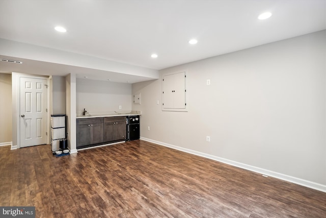 interior space with electric panel, dark wood-type flooring, and sink