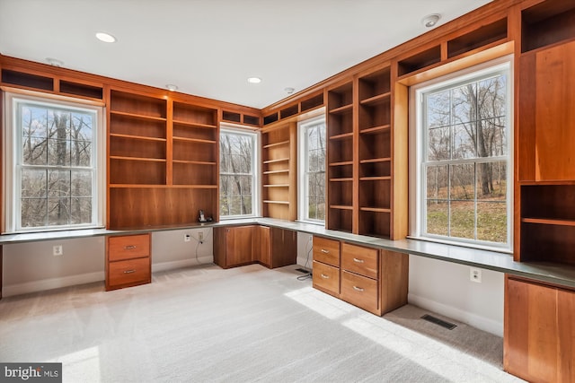 unfurnished office featuring a healthy amount of sunlight, light colored carpet, and built in desk