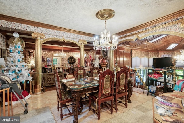 dining room with ornamental molding, a textured ceiling, and light tile patterned floors