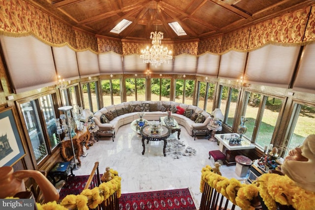 sunroom / solarium featuring a notable chandelier, lofted ceiling with skylight, and wood ceiling