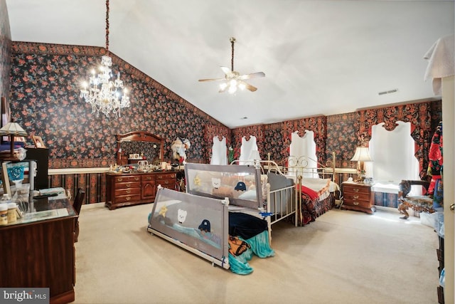 bedroom featuring light colored carpet, ceiling fan with notable chandelier, and vaulted ceiling