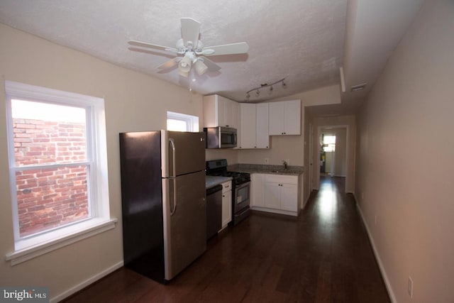 kitchen with white cabinetry, vaulted ceiling, dark hardwood / wood-style floors, sink, and stainless steel appliances