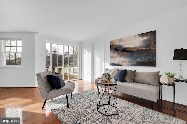 living room featuring hardwood / wood-style flooring and ornamental molding