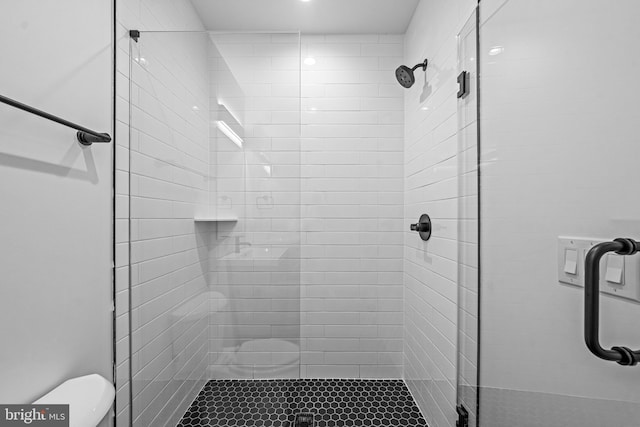 full bathroom featuring a stall shower and toilet