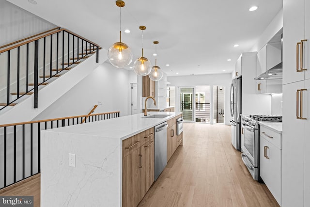 kitchen featuring appliances with stainless steel finishes, a sink, light wood-style flooring, and modern cabinets