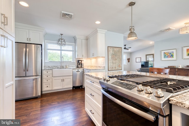 kitchen with appliances with stainless steel finishes, dark hardwood / wood-style floors, white cabinetry, and sink