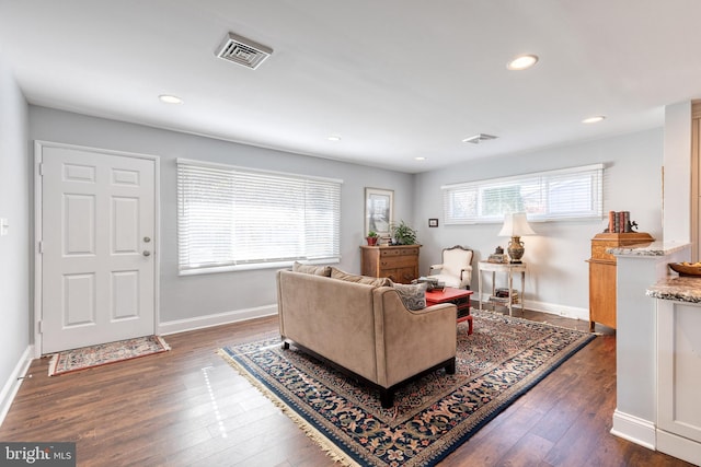 living room with dark wood-type flooring and a healthy amount of sunlight