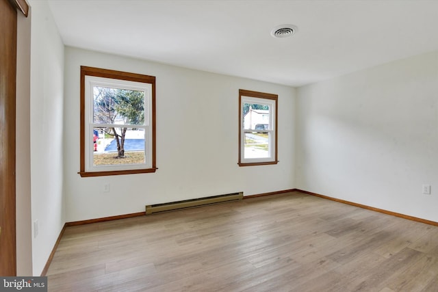 unfurnished room featuring light hardwood / wood-style flooring and a baseboard radiator