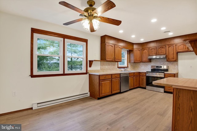 kitchen featuring sink, tasteful backsplash, light wood-type flooring, stainless steel appliances, and a baseboard heating unit