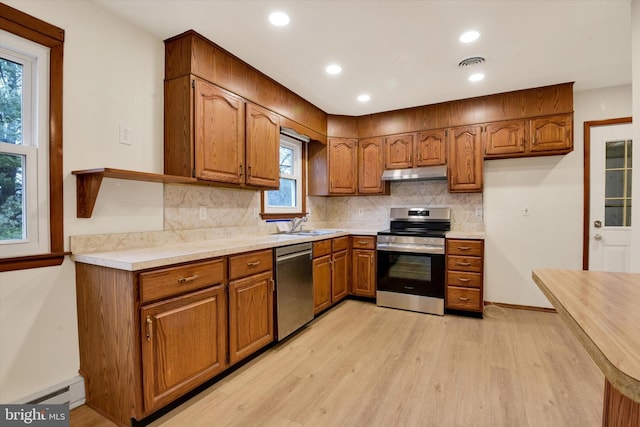 kitchen featuring a baseboard radiator, sink, decorative backsplash, light hardwood / wood-style floors, and stainless steel appliances