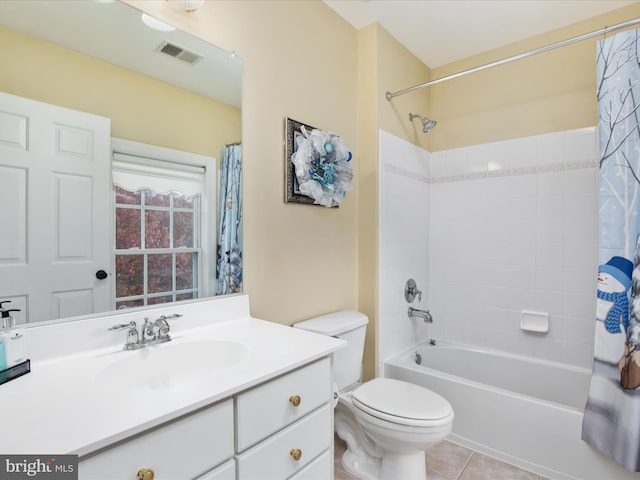 full bathroom featuring vanity, tile patterned floors, toilet, and shower / bathtub combination with curtain