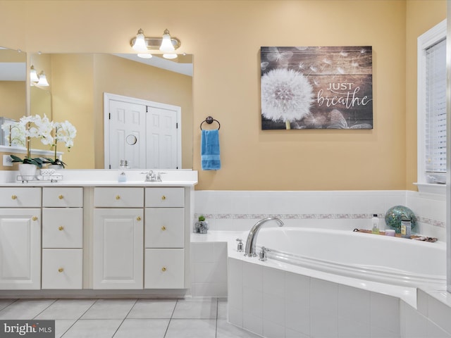 bathroom with vanity, tile patterned floors, and tiled tub