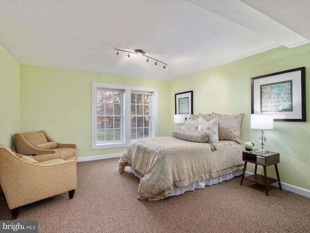 bedroom with carpet flooring and track lighting