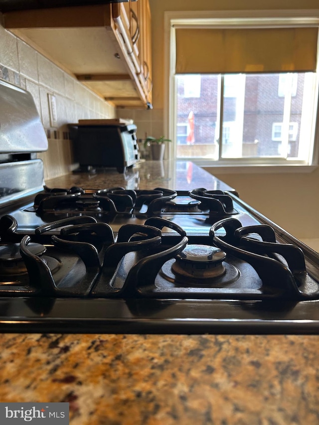 room details with decorative backsplash and black stove