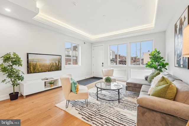3011 Gaul St, Philadelphia, PA 19134 - living room featuring a raised ceiling, plenty of natural light, wood finished floors, and baseboards