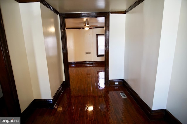 hall with ornamental molding and dark hardwood / wood-style floors