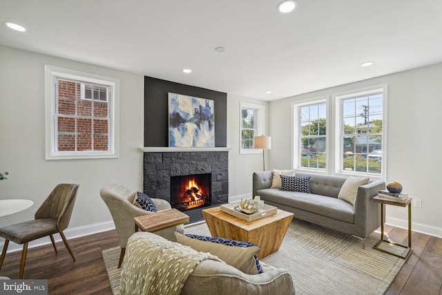 living room featuring a stone fireplace and dark hardwood / wood-style floors