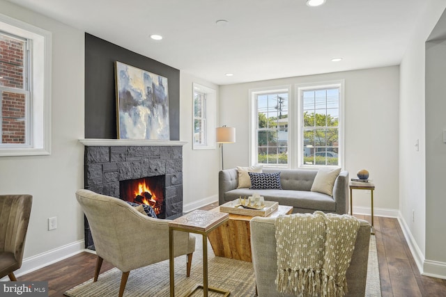 living room with a stone fireplace and hardwood / wood-style flooring