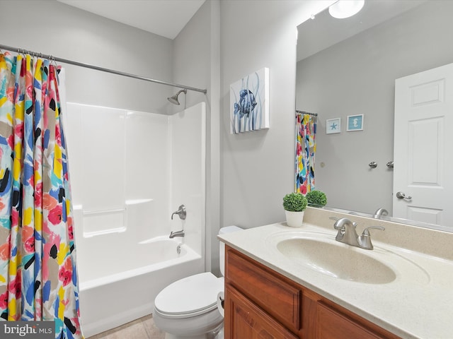 full bathroom with vanity, shower / tub combo, toilet, and tile patterned flooring