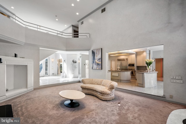 carpeted living room featuring a high ceiling and sink