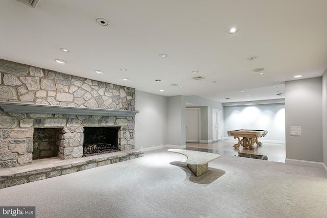 unfurnished living room with a fireplace, carpet, and billiards