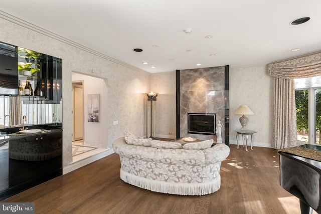 living room featuring a fireplace, sink, dark hardwood / wood-style floors, and ornamental molding