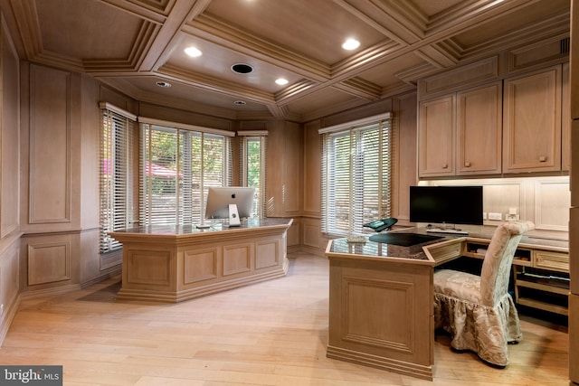 office space featuring ornamental molding, built in desk, light hardwood / wood-style flooring, and coffered ceiling