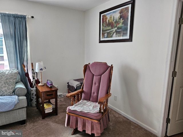 sitting room with dark colored carpet