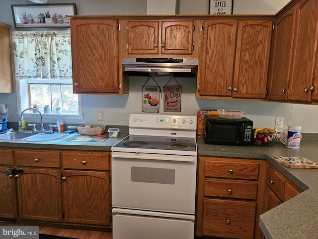 kitchen featuring sink and white range with electric stovetop