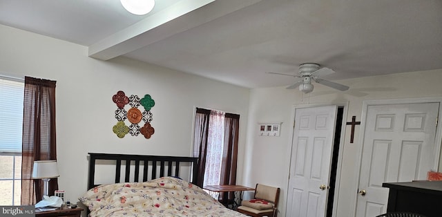 bedroom with ceiling fan and beamed ceiling