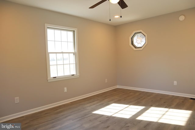 spare room with ceiling fan and hardwood / wood-style flooring